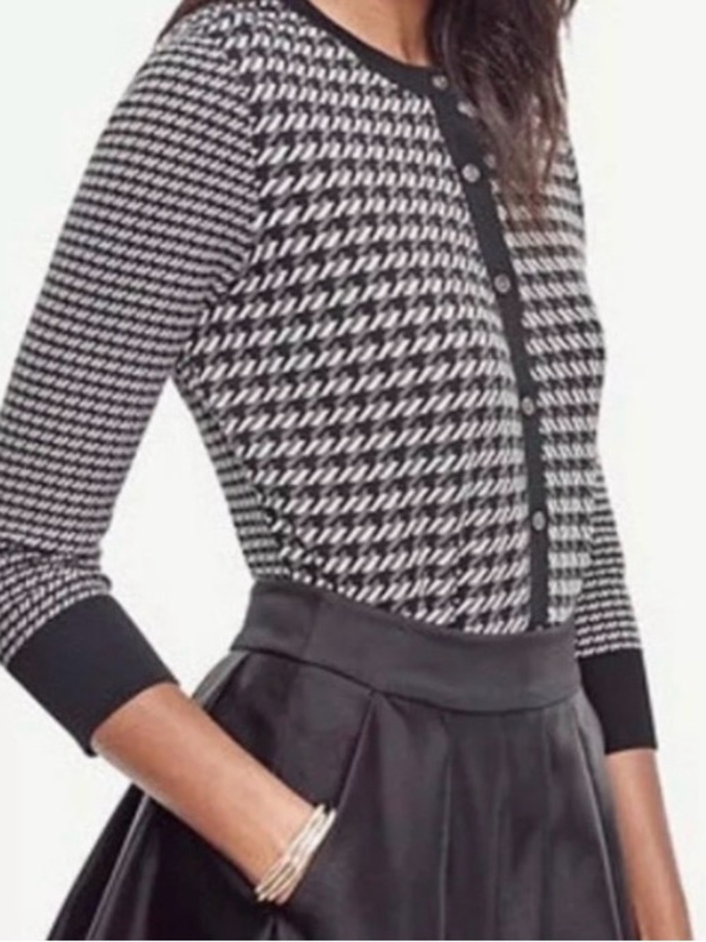 Ann Taylor Black and White Houndstooth Button Cardigan